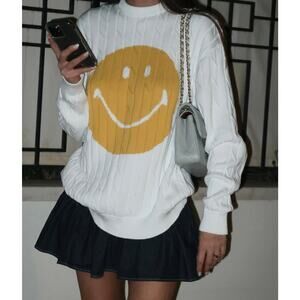 Joshua Sanders x Smiley Unisex Smile Chunky Cable Knit Sweater Crew Neck, White